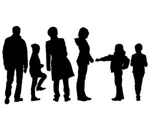 Families with little child walking on street. Isolated silhouettes of people on white background