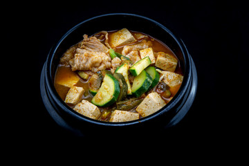 Fototapeta na wymiar Soybean Paste Stew with Beef Brisket which is called Cadobagi Doenjan Jjigae in Korean