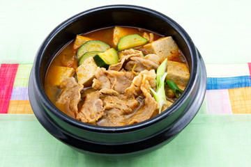Soybean Paste Stew with Beef Brisket which is called Cadobagi Doenjan Jjigae in Korean