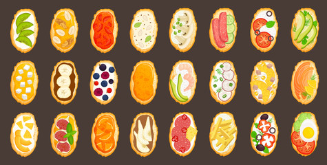 Set of toasts. Toasted bread with various ingredients. Large selection of toppings for a delicious breakfast. Vector illustration in cartoon style. Top view. Recipes for every taste.