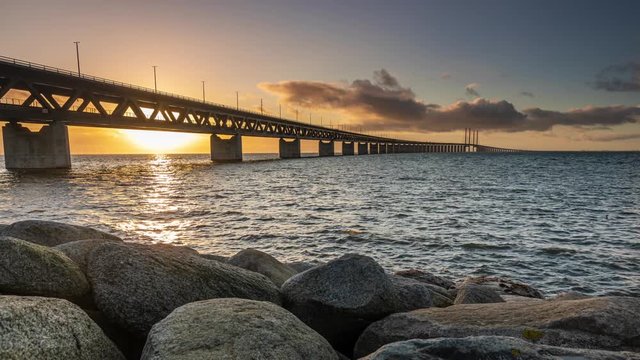 Time Lapse of a sunset at Oresundsbron linking Denmark and Sweden
