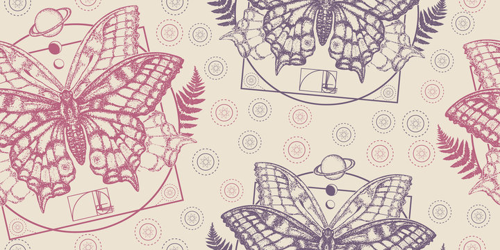 Esoteric butterfly. Seamless pattern. Packing old paper, scrapbooking style. Vintage background. Medieval manuscript, engraving art. Symbol of magic, renaissance, travel