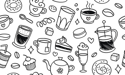 Beautiful pattern seamless of cofe. Natural coffee, desserts, pastries, cup, tea, hand drawn style retro. Vector decorative cute elegant illustration isolated white background