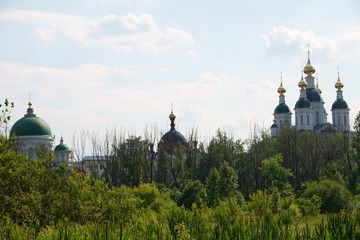 Fototapeta na wymiar Ensemble of the Sarov monastery from the side of the flood meadow