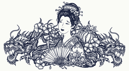 Fototapeta na wymiar Two dragons and сhinese woman, fan, lantern. Tattoo and t-shirt design. Ancient China. History and culture of Asia. Oriental art. Traditional tattooing style