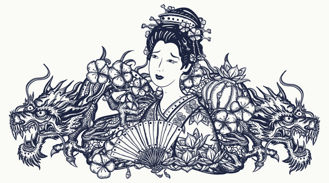 Two dragons and сhinese woman, fan, lantern. Tattoo and t-shirt design. Ancient China. History and culture of Asia. Oriental art. Traditional tattooing style