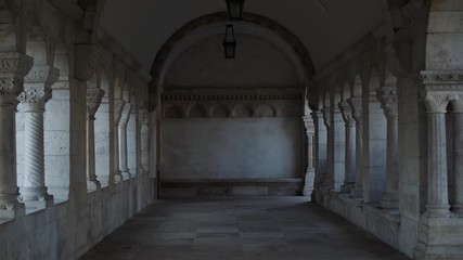 Gimbal zoom in shot of Fisherman's bastion with windows and arches in Budapest. Shot in the center of viewpoint of Fisherman's bastion with no people - Powered by Adobe