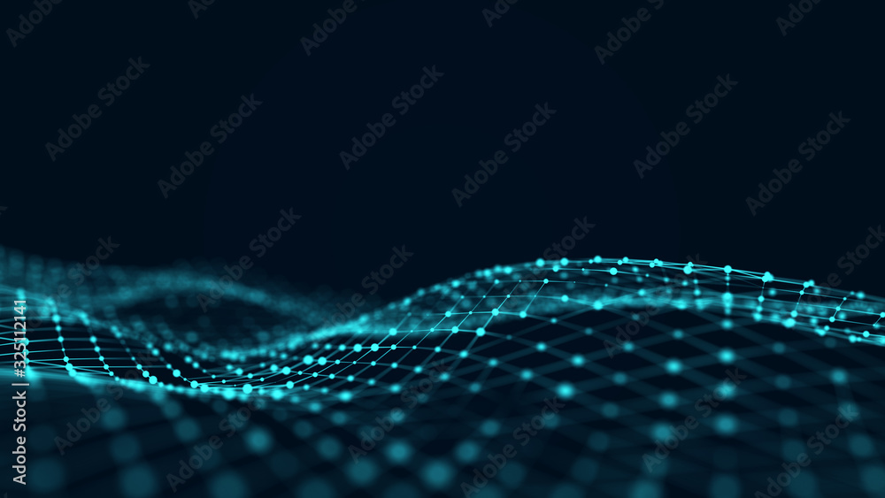 Poster Big data visualization. Wave with the connection of luminous points and lines. 3D rendering.