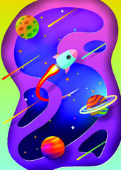 Space paper cut rocket illustration background