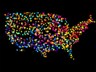 Abstract USA map of colorful ink splashes, grunge splatters. Vector illustration