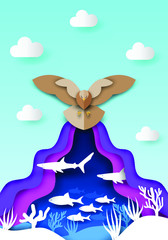 Flying eagle eyeing fish in water paper cut