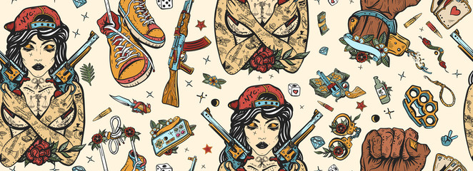 Criminal street culture seamless pattern. Old school tattoo. Swag. Hip-hop lifestyle. Cool gangster tattooed woman in baseball cap. Crime favela. Bad girl and crossed guns, handcuffs, audio cassette