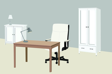 Vector Illustration of a Study Room or an Office with Chair, Table, Wardrobe, Side Table and Lamps 