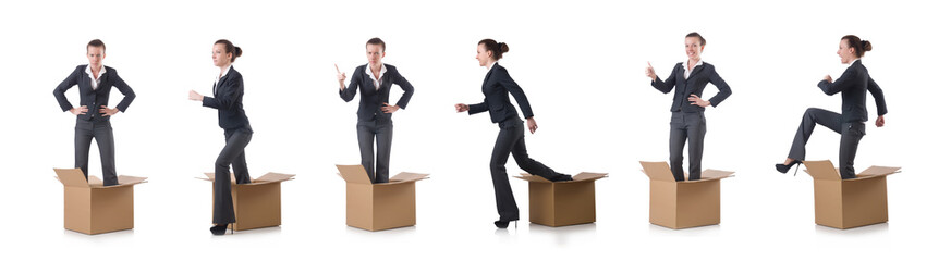 Woman with boxes on white