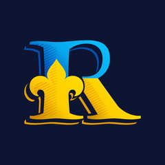 R letter logo with gold french lily and hatching shadow.