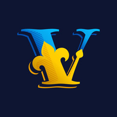 V letter logo with gold french lily and hatching shadow.