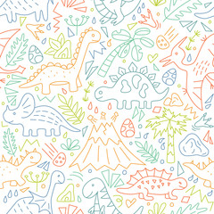 Cute doodle Dinosaurs. Dino colorful seamless pattern. Hand drawn vector illustration on white background © Elena Pimukova