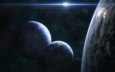 Plakat Planets of deep space in the light of a blue star. Science fiction. Elements of this image furnished by NASA