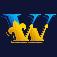 W letter logo with gold french lily and hatching shadow.