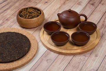 Chinese tea set with chinese red tea and shu puer tea