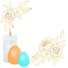 Easter arrangement with burning candle and two watercolor painted eggs and two floral ornaments. Template for cards, invitations, congratulations