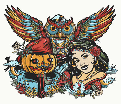 Witch woman, owl and Jack O' Lantern. Halloween art. Occult love story. Old school tattoo. Dark gothic fairy tale. Traditional tattooing style