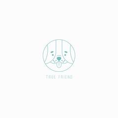Funny dog muzzle. Pet Care Logo, Emblem. Animal Care. Minimalistic Outline round Icon. Cartoon style, thin line stroke design. Trendy Vector illustration. Icon is isolated on a white background