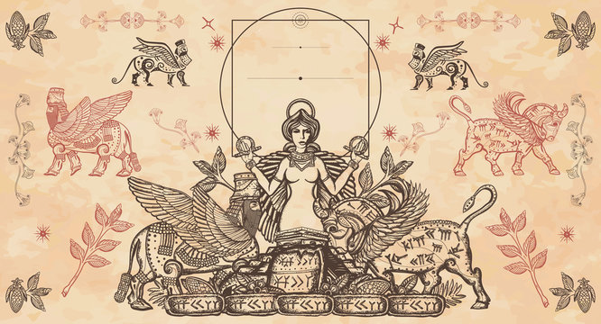 History of  Middle East. Assyrian culture frame. Mesopotamian art. Ancient Sumerian Civilization. Historical background. Winged bull, pyramids, goddess Ishtar