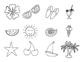 Set of summer vacation on the beach icons. Travel concept outline isolated on white background
