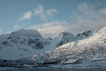 Peaks of norway. Typical lofoten islands landscape During winter. lofoten is a dreamy destination for photographers with a lot of mountains and beaches.