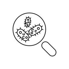 Magnifying Glass look through germ, bacteria, virus. Outline thin line flat illustration. Isolated on white background. 
