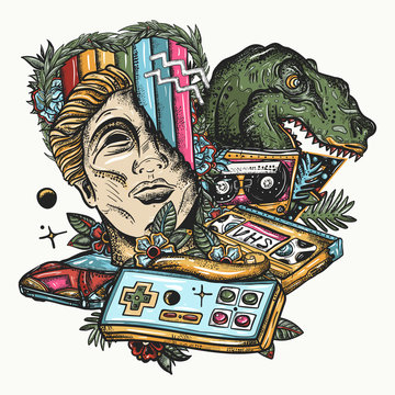 Statue head, laser tyrannosaur, audio cassette and VHS type. Retro wave music concept. Nostalgic cyberpunk style, 80s and 90s pop culture. Game art. Old school tattoo