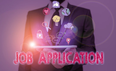 Conceptual hand writing showing Job Application. Concept meaning paper which indicates interest in...