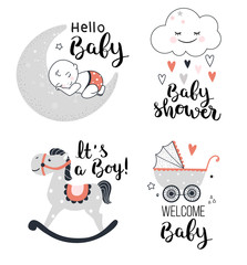 Baby shower posters, welcome baby card.Vector illustration. - obrazy, fototapety, plakaty