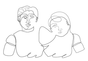 illustraton of young boys hugging. continuous line drawing of friends hugging each other.