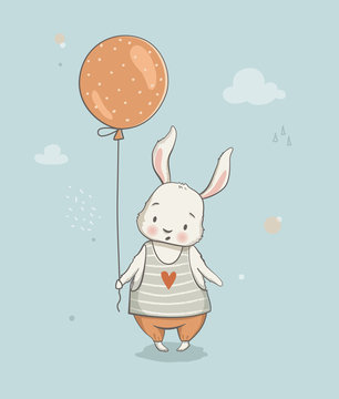 Cute little bunny cartoon vector illustration, posters for baby room, greeting cards, kids and baby t-shirts and wear, hand drawn nursery illustration