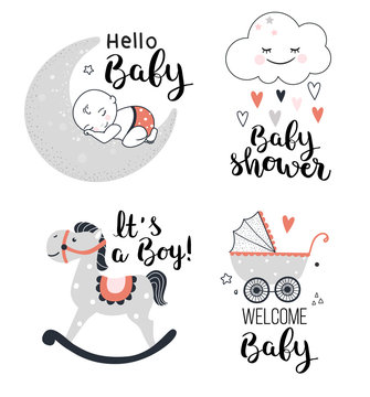 Baby Shower Posters, Welcome Baby Card.Vector Illustration.