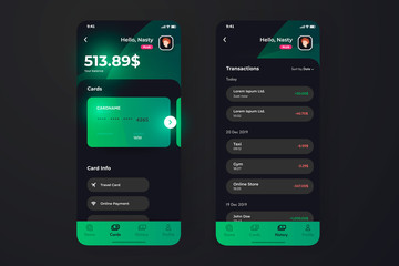 Finance app UI design concept with transaction page, credit card holder information. User banking app dashboard on phone.