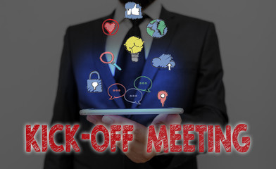 Conceptual hand writing showing Kick Off Meeting. Concept meaning first meeting with the project...