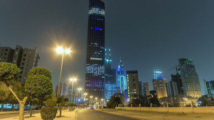 Tallest building in Kuwait City timelapse hyperlapse - the Al Hamra Tower at dusk. Kuwait City, Middle East