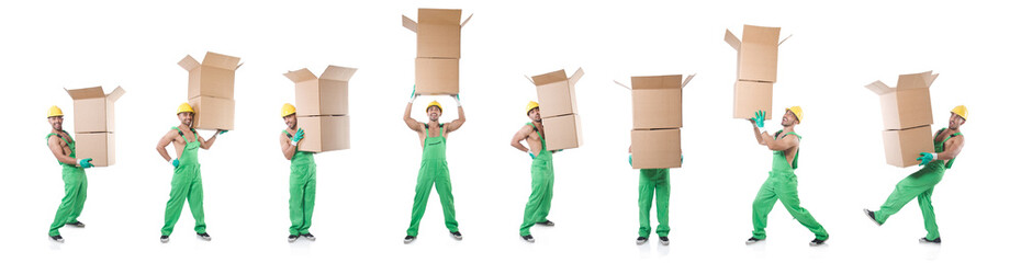 Man in green coveralls with boxes