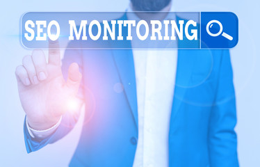Text sign showing Seo Monitoring. Business photo showcasing the process of optimizing the...