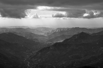 View from Moro Rock Trail. Black and white picture.