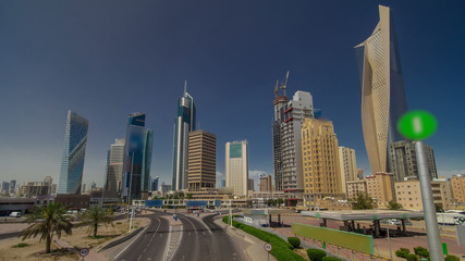 Skyline with Skyscrapers timelapse hyperlapse in Kuwait City downtown. Kuwait City, Middle East
