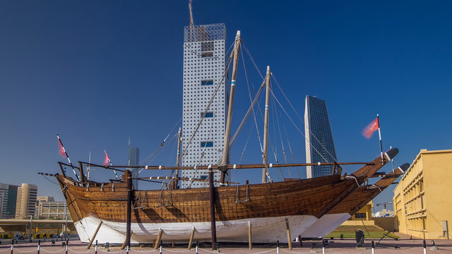 Historic dhow ships timelapse hyperlapseat the Maritime Museum of in Kuwait. Kuwait, Middle East