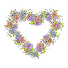 Floral wreath in the shape of a heart made of small decorative flowers in folk style. Botanical hand drawn illustration for design greeting cards Valentines day and weddings
