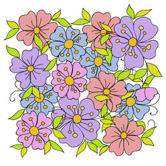 Floral composition of decorative flowers in folk style. Botanical hand drawn illustration for design greeting cards