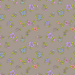 Seamless floral pattern of small decorative flowers in folk style. Botanical hand drawn illustration. Design for packaging, weddings, fabrics, textiles, wallpapers, website, cards