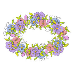 Floral wreath made of small decorative flowers in folk style. Botanical hand drawn illustration for design greeting cards Valentines day and weddings
