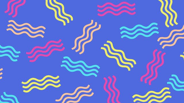 Retro abstract 80's 90's design pattern background. Memphis style with geometrical shapes of different vintage colors. Seamless 4k pop art design that can be set in a loop.